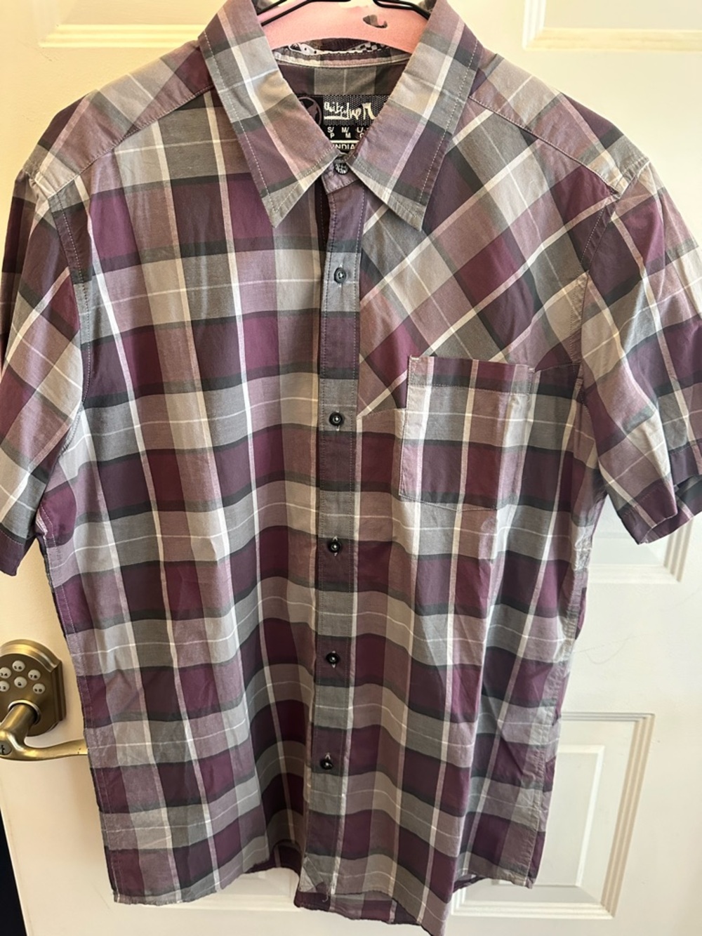 Quiksilver Purple and Gray Plaid Short-Sleeve Button-Down Shirt